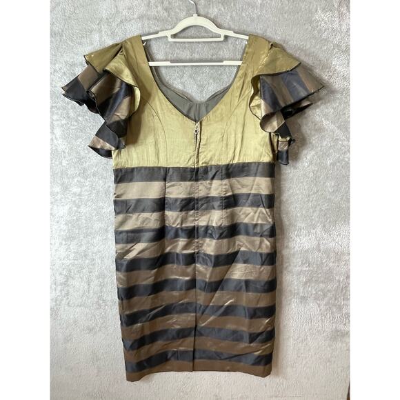 Cocktail Dress Medium Gold Satin Striped Handmade Ruffled Sleeve Beaded Formal - Picture 4 of 5